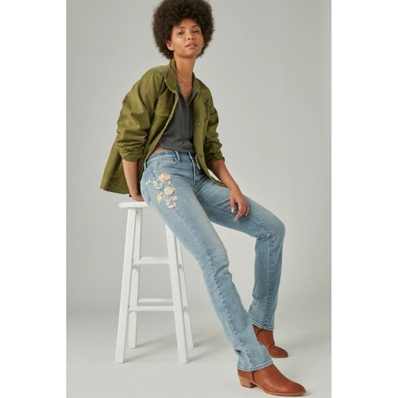 Lucky Brand Sweet Mid‎ Rise Straight Jeans 4/27R Floral Embroidered Boho - Picture 2 of 15